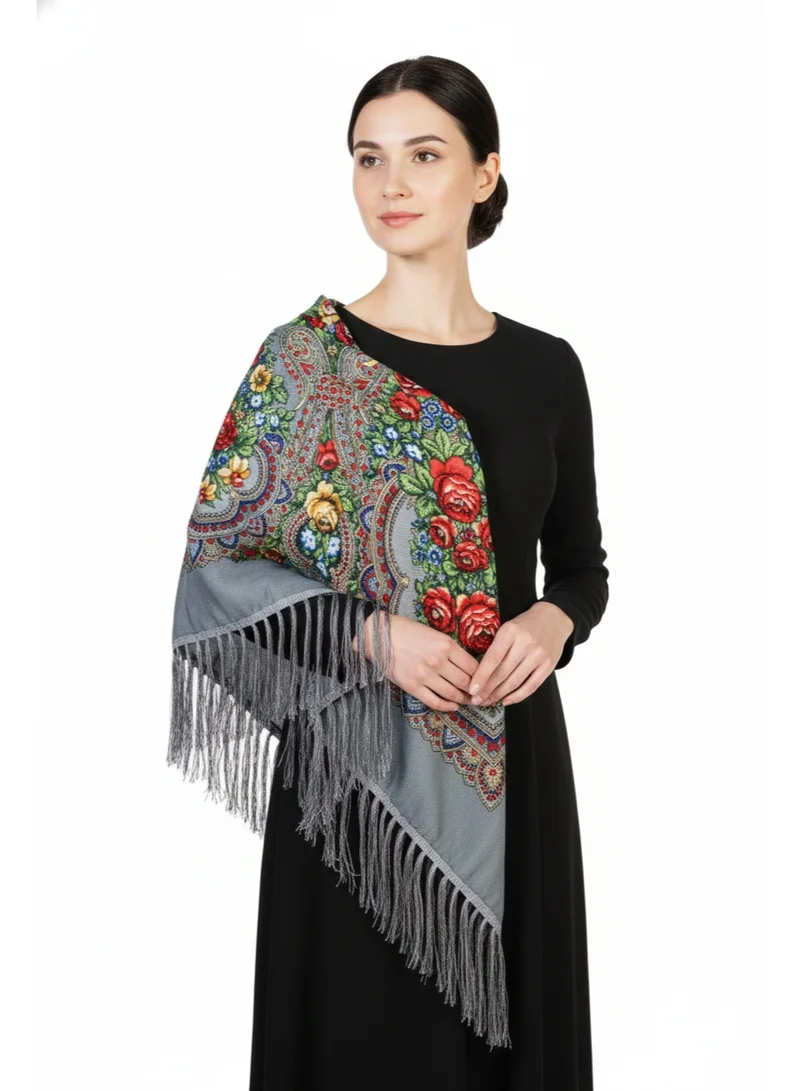 بيداني شال روسي بنقوش زهور رمادي فاتح